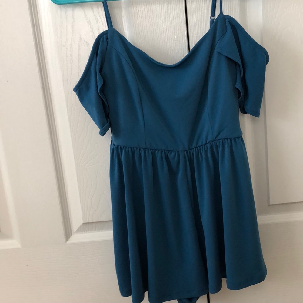 Blue, shoulder-less romper